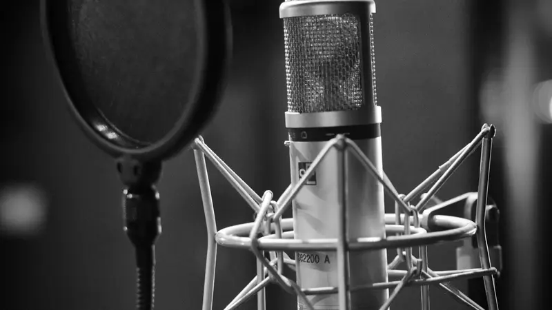 A condenser microphone with a pop filter in a recording studio
