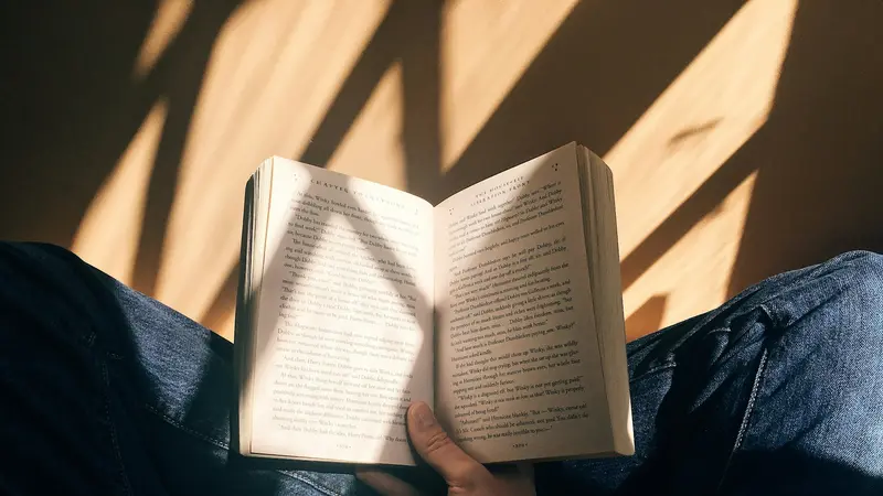 Una persona che legge un libro alla luce del sole