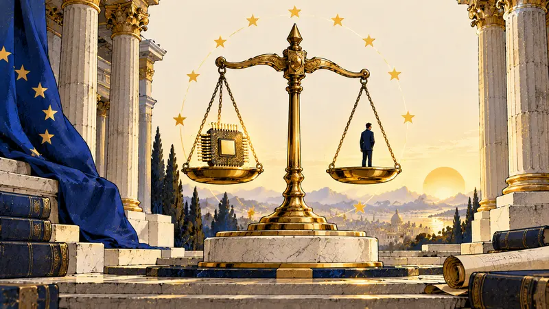 Una bilancia della giustizia con un microchip e una figura umana, circondata da stelle