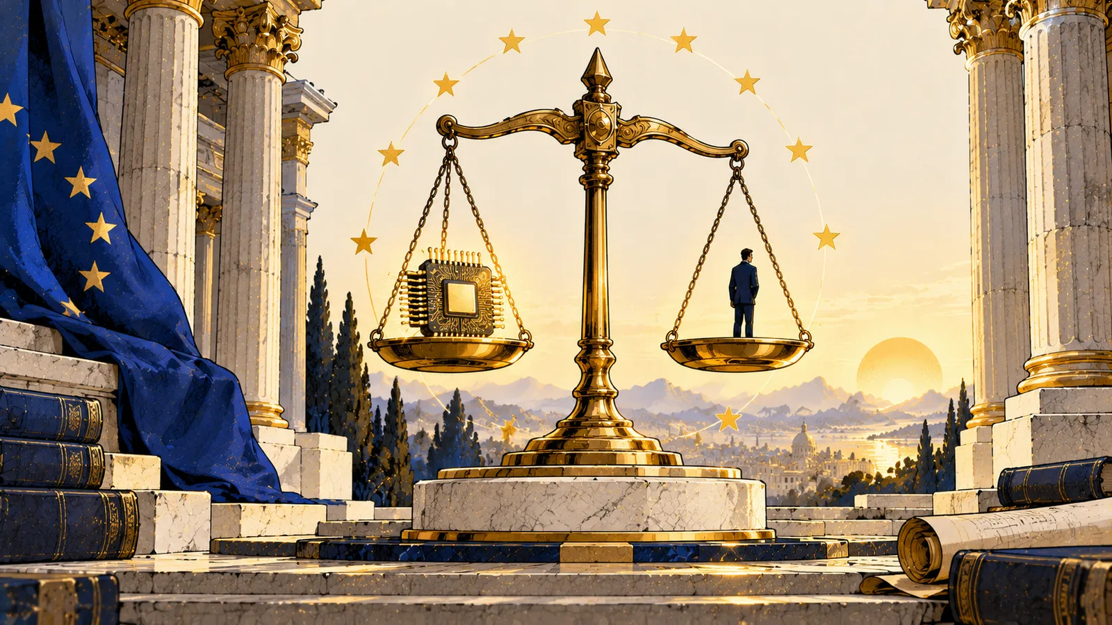 Una bilancia della giustizia con un microchip e una figura umana, circondata da stelle