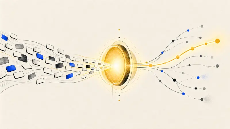 Tessere di parole che entrano in una lente luminosa e si diramano in percorsi di probabilità