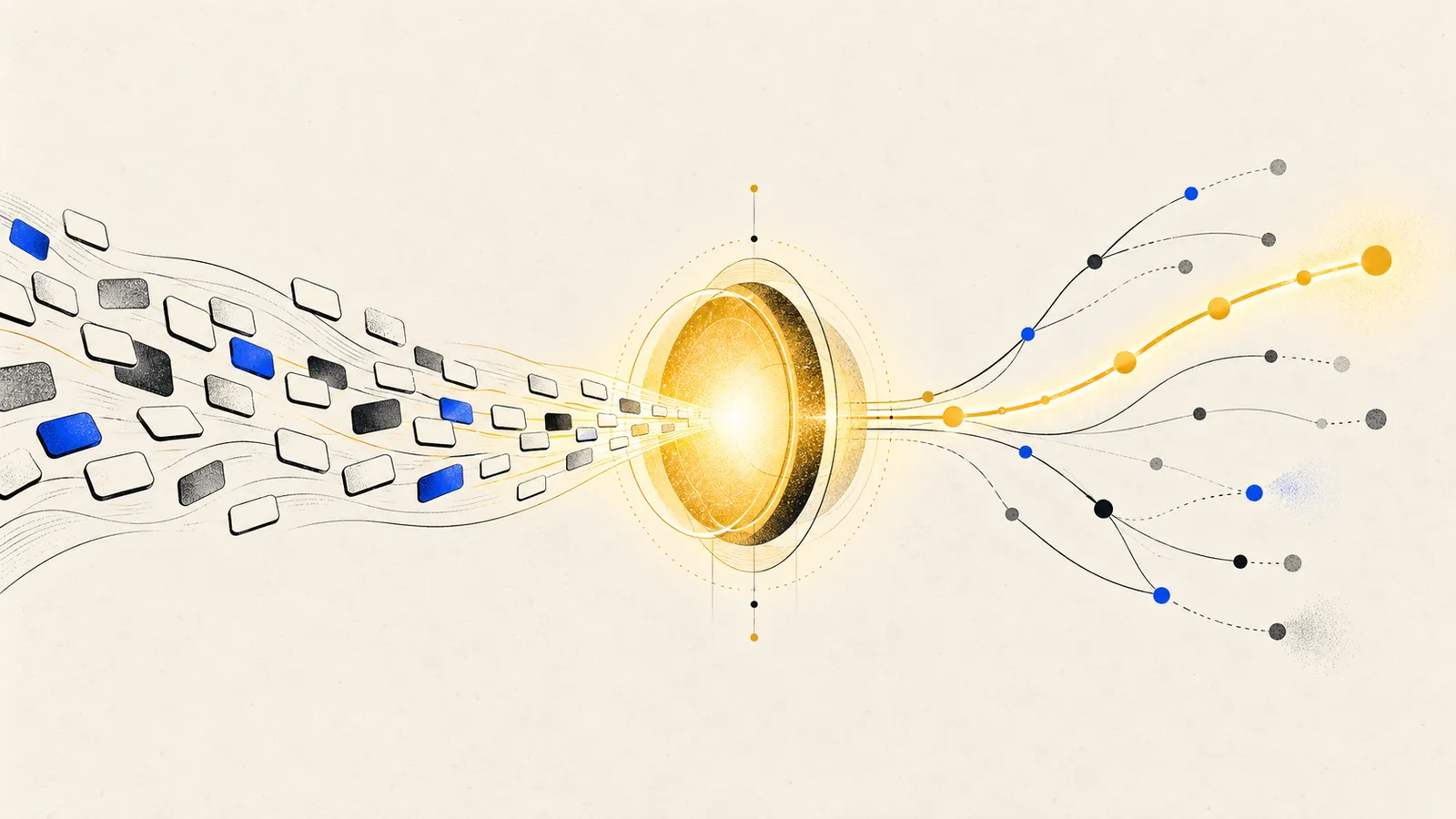 Tessere di parole che entrano in una lente luminosa e si diramano in percorsi di probabilità