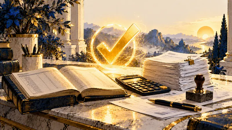 Un libro contabile, una calcolatrice e delle fatture sotto un segno di spunta luminoso