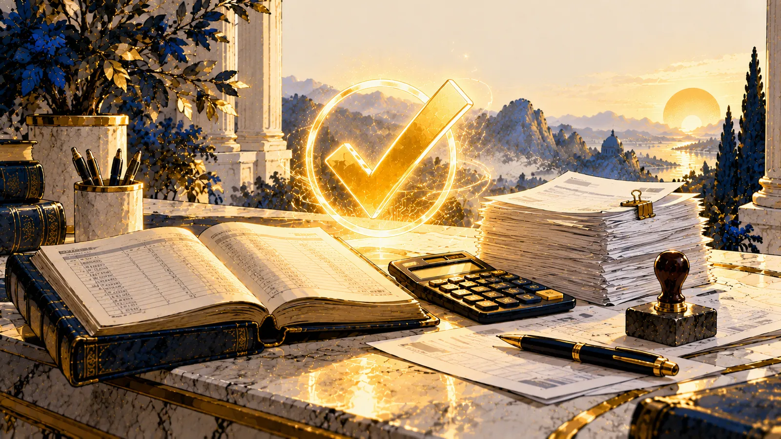 Un libro contabile, una calcolatrice e delle fatture sotto un segno di spunta luminoso