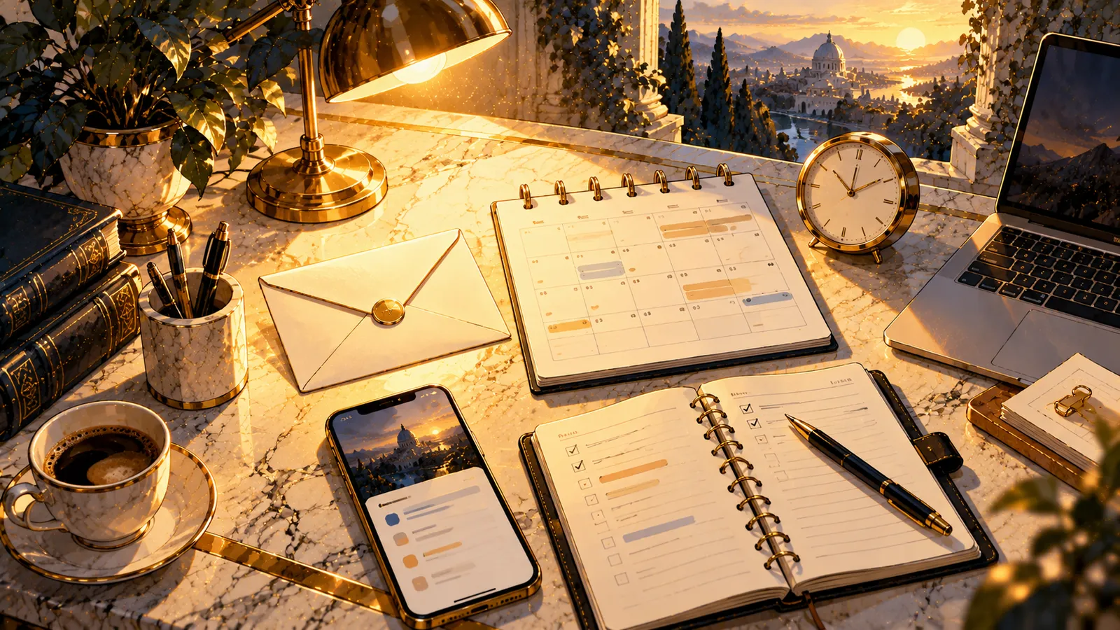 Una scrivania ordinata con busta, calendario e orologio illuminati da una lampada