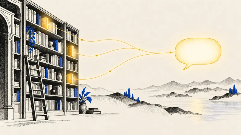 Una libreria in cui solo tre libri si illuminano, collegati a un fumetto